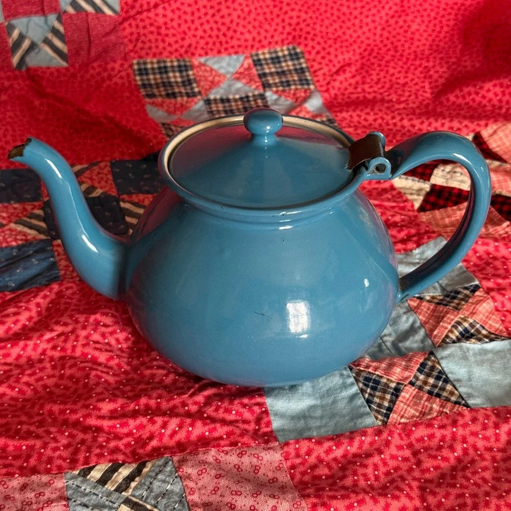 Vintage‎ Blue Enamelware Teapot Hinged Lid Farmhouse Rustic Kitchen Decor Retro